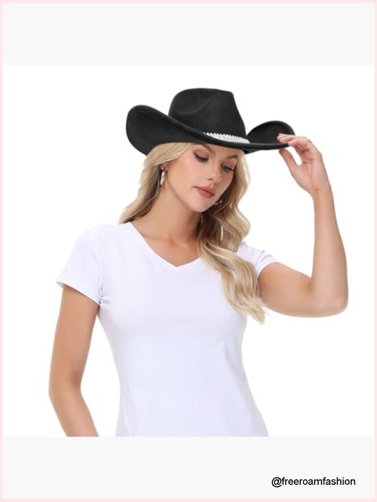Adjustable Wide Brim Felt Cowboy Hat with Rhinestone Tassel Band, Cowgirl